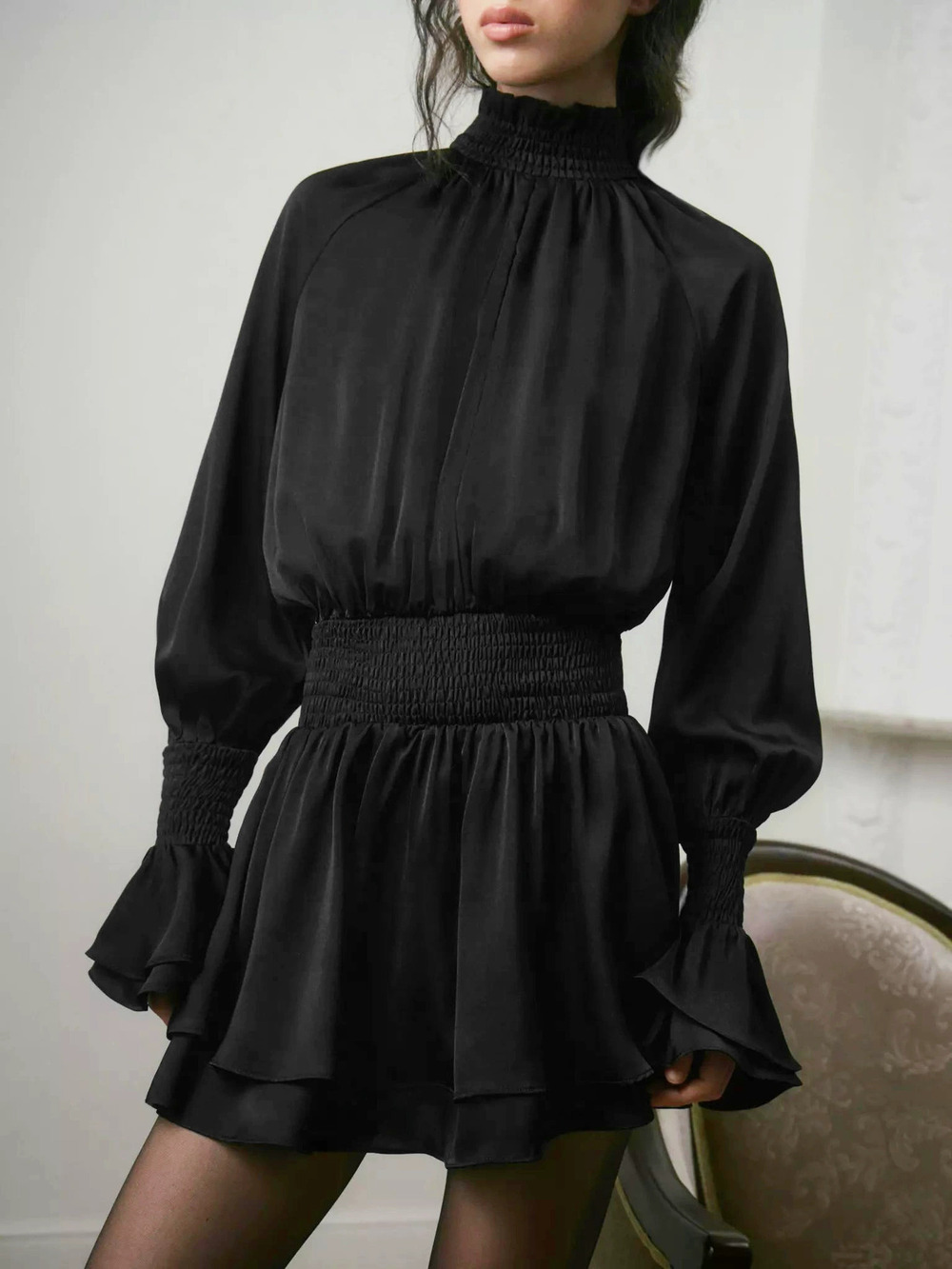 Zara Black Long Sleeve Satin Turtleneck Mini Dress Fall